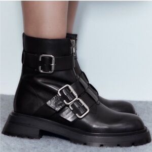NEW! Zara Black Triple Buckle zipper Combat Boots lug sole size 8
